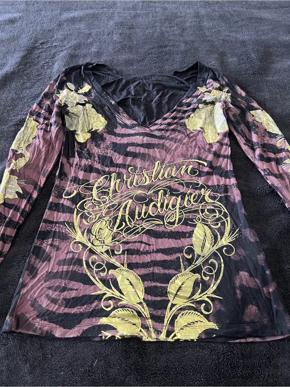 Christian Audigier Black and Pink Zebra Print V-Neck Top with Gold Floral Script